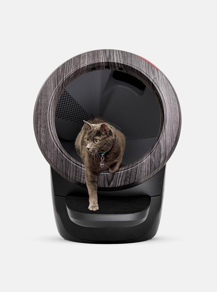 Litter-Robot 4 woodgrain finish — modern automatic litter box for cat lovers